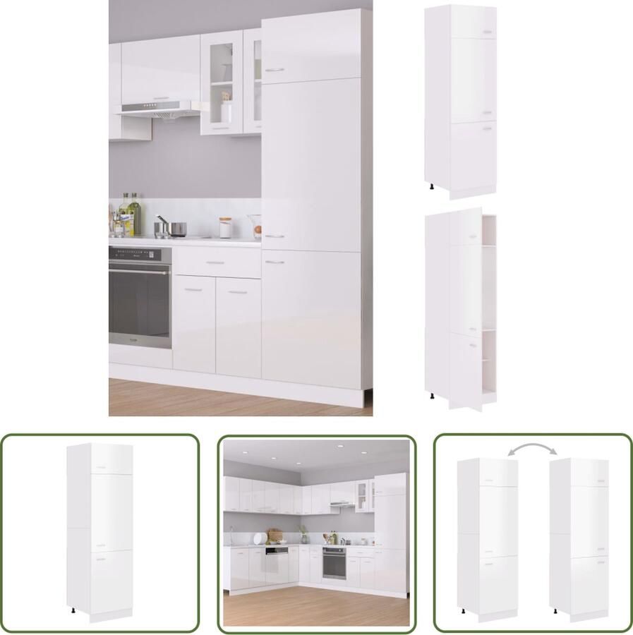 VidaXL Keukenopslag Koelkastkast Ombouwkast voor koelkast Lyon 60x57x207 cm bewerkt hout hoogglans wit Houten Kast Hogeglans Wit Kookeiland Opslag