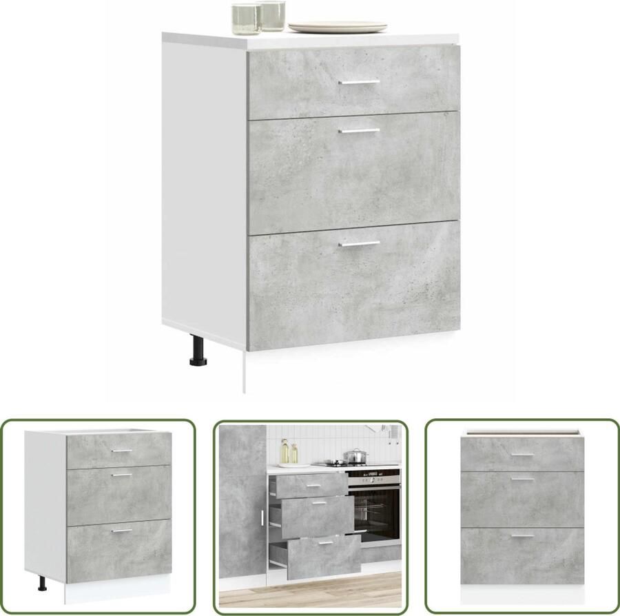 VidaXL Keuken onderkast Lyon bewerkt hout betongrijs Keuken Onderkast Keukenopstelling Opslagruimte Houten Kast Betongrijs