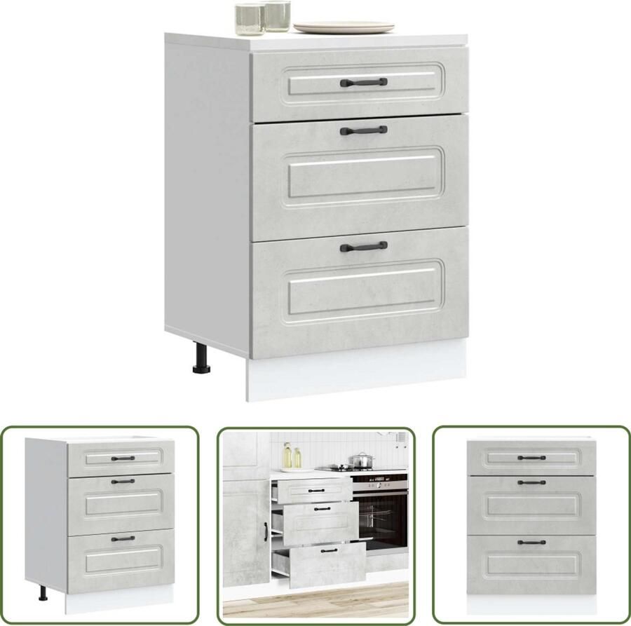 The Living Store Keuken onderkast Kalmar bewerkt hout betongrijs Keukenonderkast Houten Keukenkasten Opslagoplossing Keuken Kalmar Serie Betongrijze Keuken