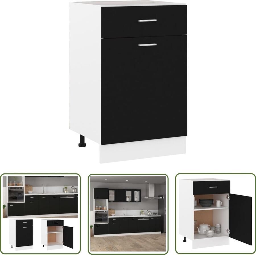 The Living Store Onderkast met lade Lyon 50x46x81 5 cm bewerkt hout zwart Onderkast Keukenopbergruimte Houten Kast Zwarte Kast Lades