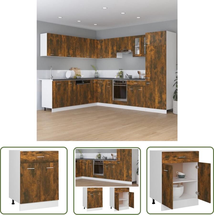 The Living Store Onderkast met lade Lyon 60x46x81 5cm bewerkt hout gerookt eiken Keukenonderkast Lades Houten Kast Bergruimte Keukenopslag