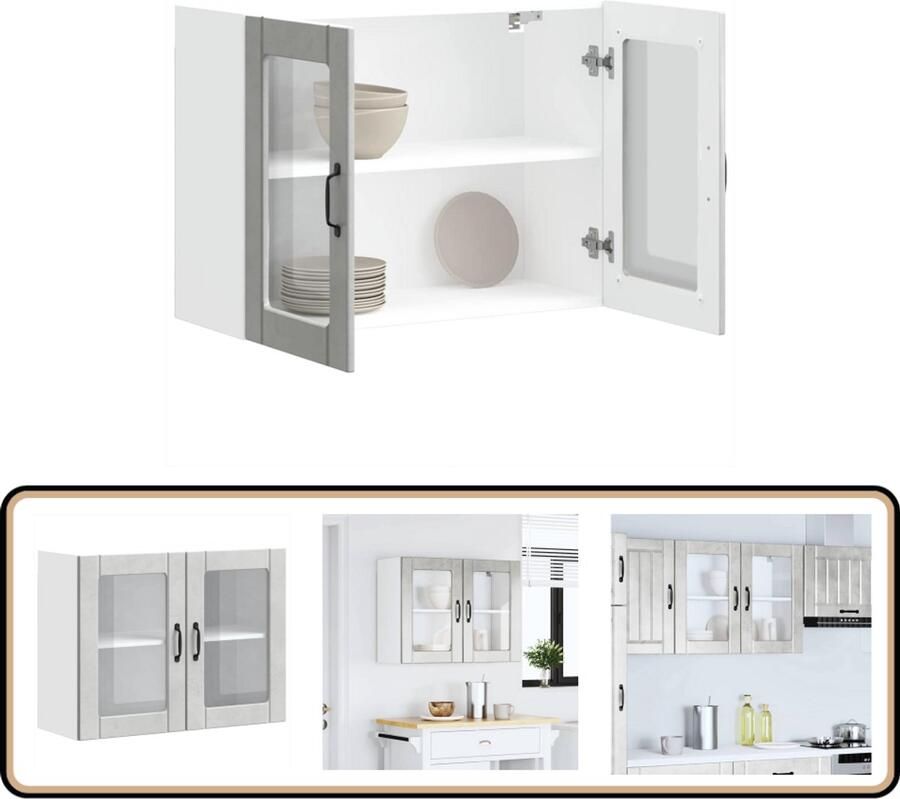 VidaXL Keukenwandkast Glazen deur Betongrijs Keuken Kast Wandkast Opslagruimte Keukeninrichting Houten Kast