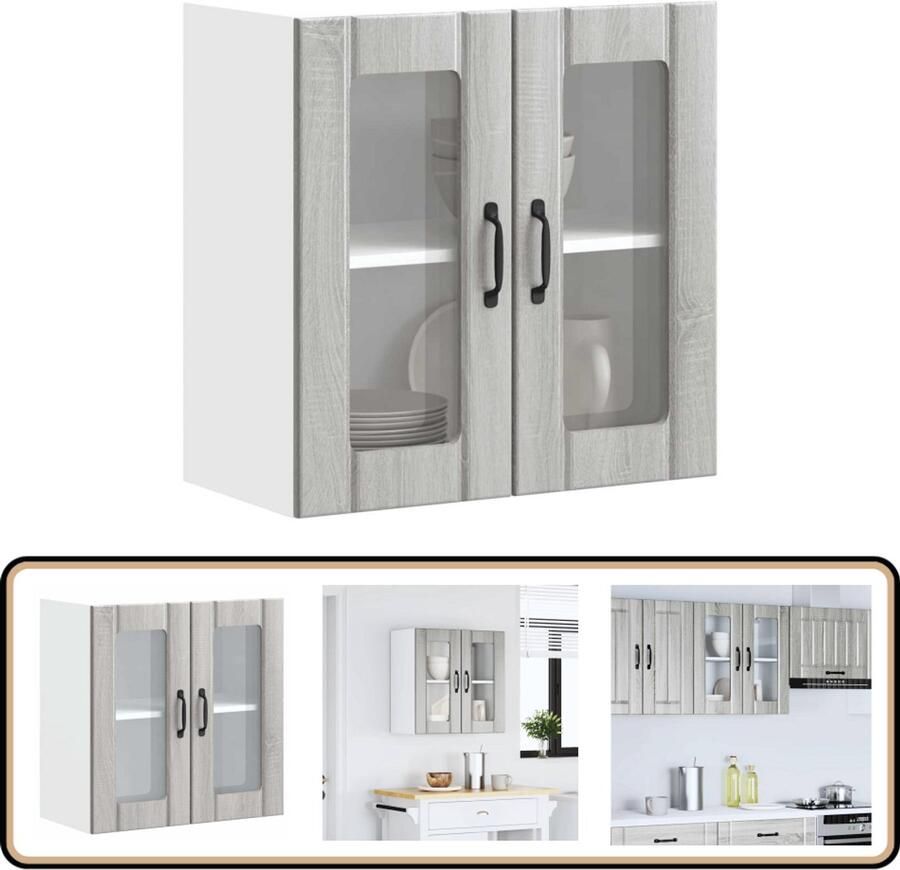 VidaXL Keukenwandkast Glazen deur Grijs eiken Keukenkast Wandkast Opslagoplossing Keukeninrichting Houten Kast