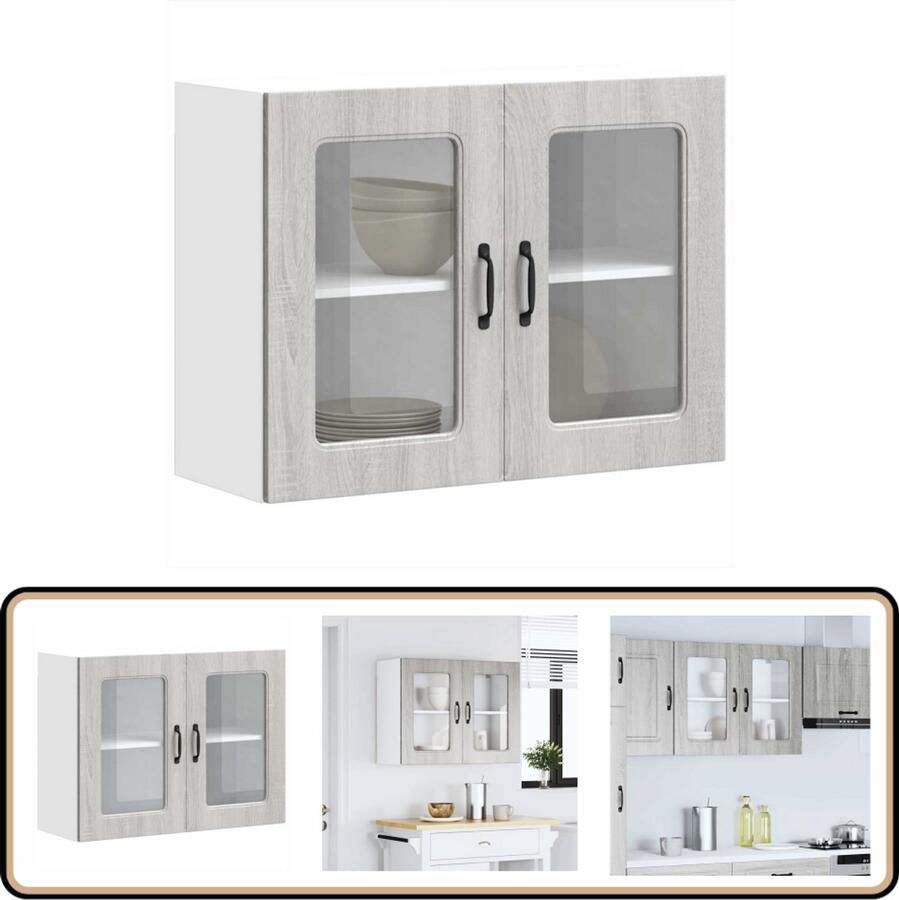 VidaXL Keukenwandkast Glazen deur Grijs eiken Keukenkast Wandkast Opslagruimte Keukeneinrichting Houten Kast