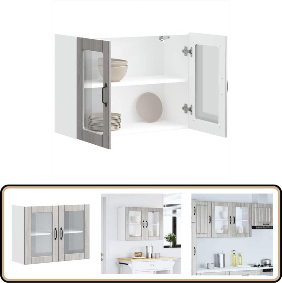 VidaXL Keukenwandkast Glazen deur Grijs Sonoma Eiken Keukenkast Wandkast Opslagoplossing Keukeninrichting Grijze Keuken