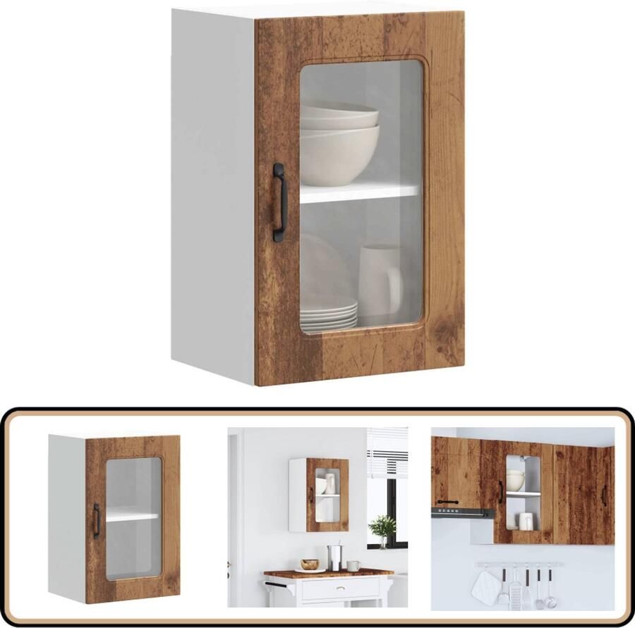 VidaXL Keukenwandkast Glazen deur Oud houtkleurig Keukenkast Wandkast Opslagoplossing Houten Kast Vintage Kast