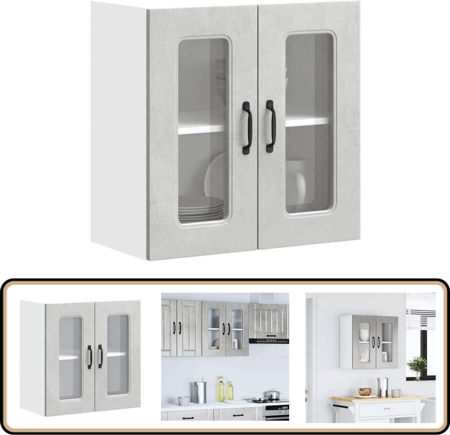 VidaXL Keukenwandkast Kalmar Glazen deur betongrijs Keuken Kast Wandkast Opslagoplossing Keukeninrichting Houten Kast