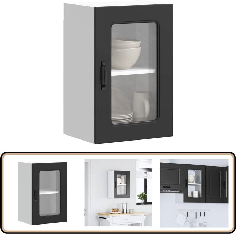 VidaXL Keukenwandkast Kalmar Zwart Glazen deur Keukenwandkast Keukenopbergruimte Houten Keukenkasten Zwarte Keuken Glazen Deur