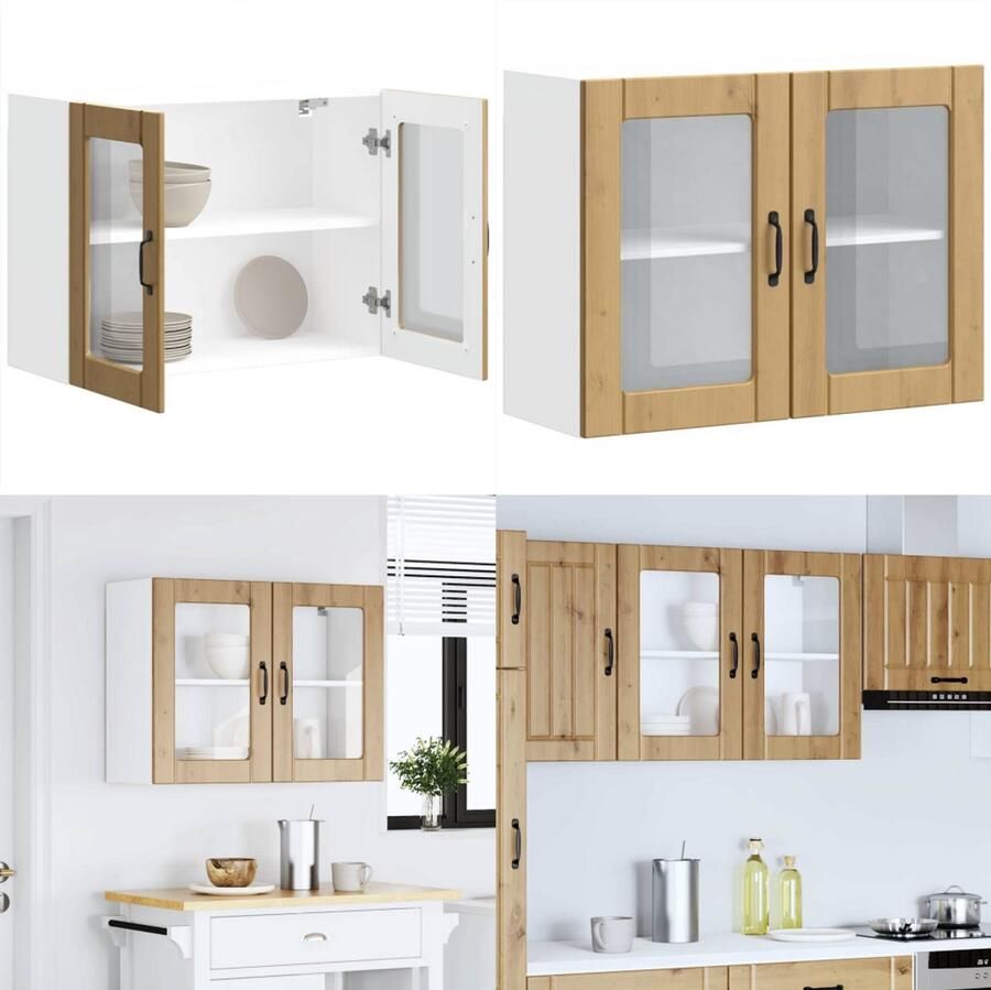 VidaXL Keukenwandkast met glazen deur bewerkt hout artisanaal eiken Keuken Wandkast Keuken Wandkasten Keuken Wandmeubel Gemonteerde Wandkast