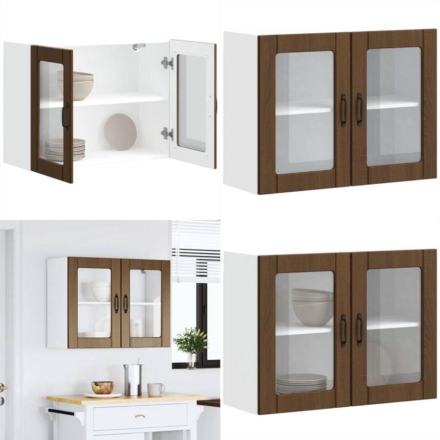 VidaXL Keukenwandkast met glazen deur bewerkt hout bruin eikenkleur Keuken Wandkast Keuken Wandkasten Keuken Wandmeubel Gemonteerde Wandkast