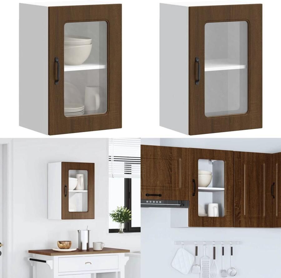 VidaXL Keukenwandkast met glazen deur bewerkt hout bruin eikenkleur keuken Wandkast Keuken Wandkasten Keuken Wandmeubel Gemonteerde Wandkast