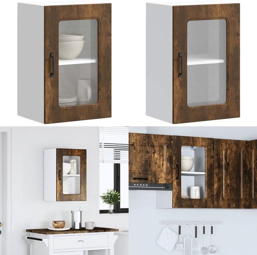 VidaXL Keukenwandkast met glazen deur bewerkt hout gerookt eikenkleur keuken Wandkast Keuken Wandkasten Keuken Wandmeubel Gemonteerde Wandkast