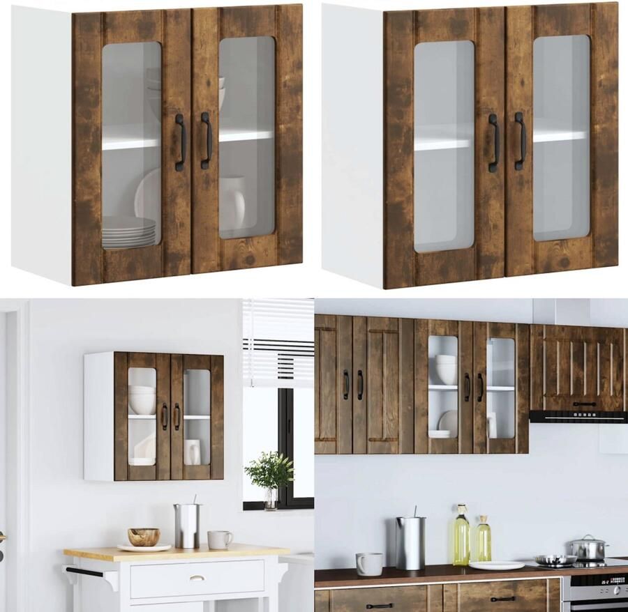 VidaXL Keukenwandkast met glazen deur bewerkt hout gerookt eikenkleur Keuken Wandkast Keuken Wandkasten Keuken Wandmeubel Gemonteerde Wandkast
