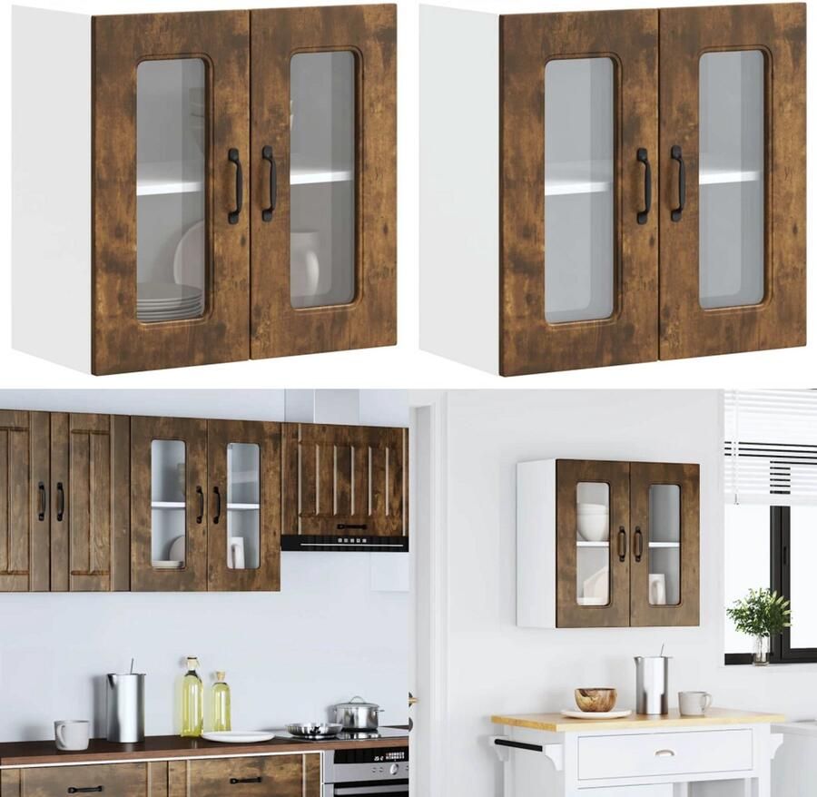 VidaXL Keukenwandkast met glazen deur bewerkt hout gerookt eikenkleur keuken Wandkast Keuken Wandkasten -keuken Wandmeubel Gemonteerde Wandkast