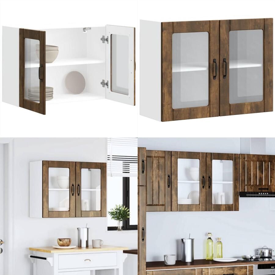 VidaXL Keukenwandkast met glazen deur bewerkt hout gerookt eikenkleur Keuken Wandkast Keuken Wandkasten Keuken Wandmeubel Gemonteerde Wandkast