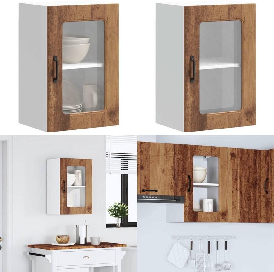 VidaXL Keukenwandkast met glazen deur bewerkt hout oud houtkleurig keuken Wandkast Keuken Wandkasten Keuken Wandmeubel Gemonteerde Wandkast