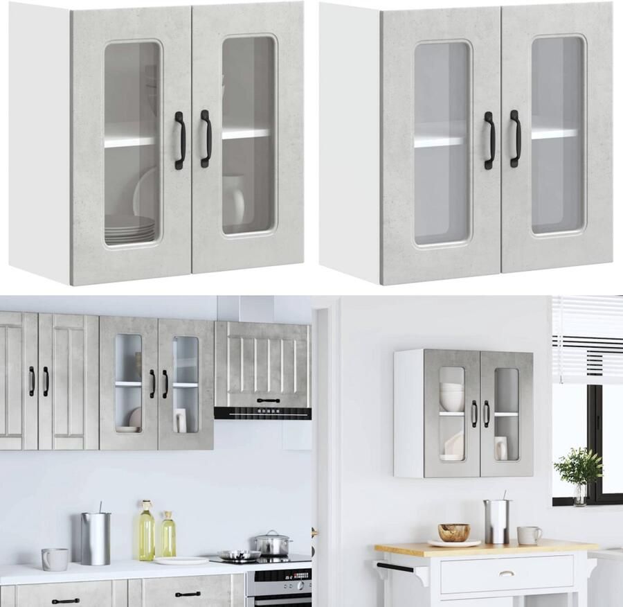 VidaXL Keukenwandkast met glazen deur Kalmar bewerkt hout betongrijs keuken Wandkast Keuken Wandkasten -keuken Wandmeubel Gemonteerde Wandkast