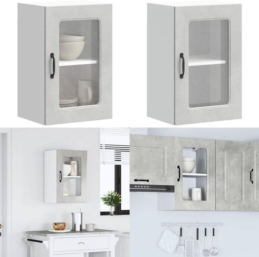 VidaXL Keukenwandkast met glazen deur Kalmar bewerkt hout betongrijs keuken Wandkast Keuken Wandkasten Keuken Wandmeubel Gemonteerde Wandkast