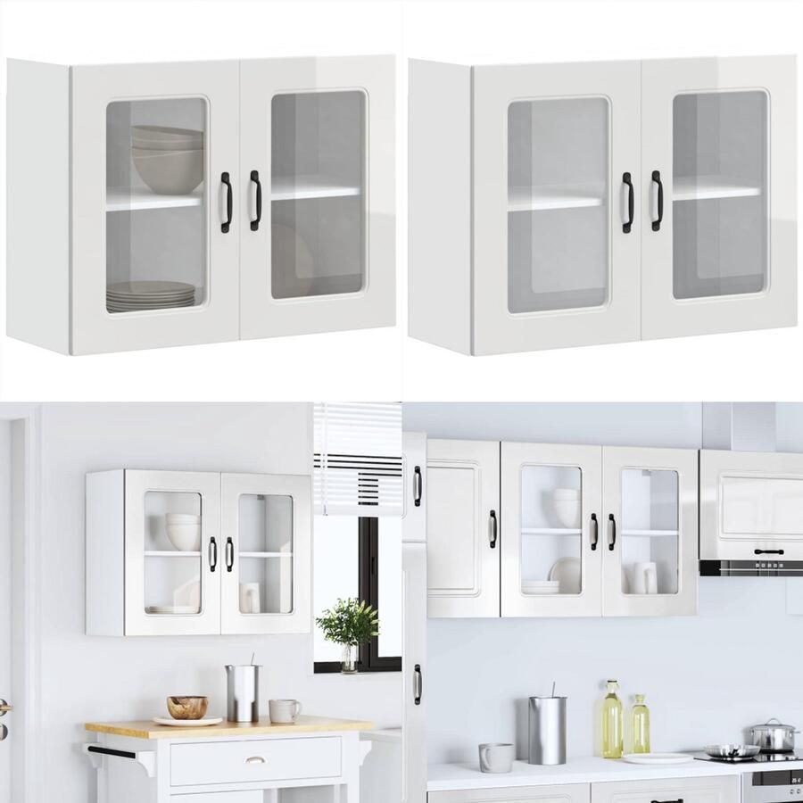 VidaXL Keukenwandkast met glazen deur Kalmar bewerkt hout hoogglanswit keuken Wandkast Keuken Wandkasten -keuken Wandmeubel Gemonteerde Wandkast