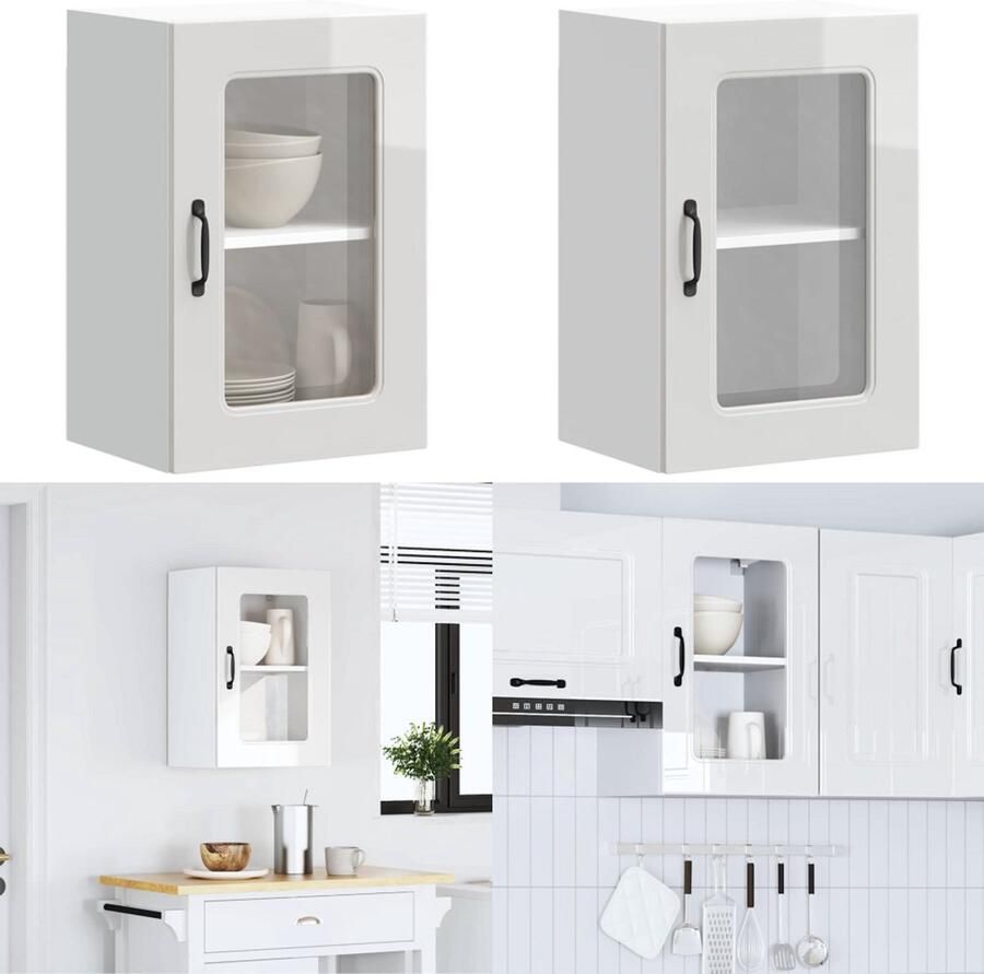 VidaXL Keukenwandkast met glazen deur Kalmar bewerkt hout hoogglanswit keuken Wandkast Keuken Wandkasten Keuken Wandmeubel Gemonteerde Wandkast