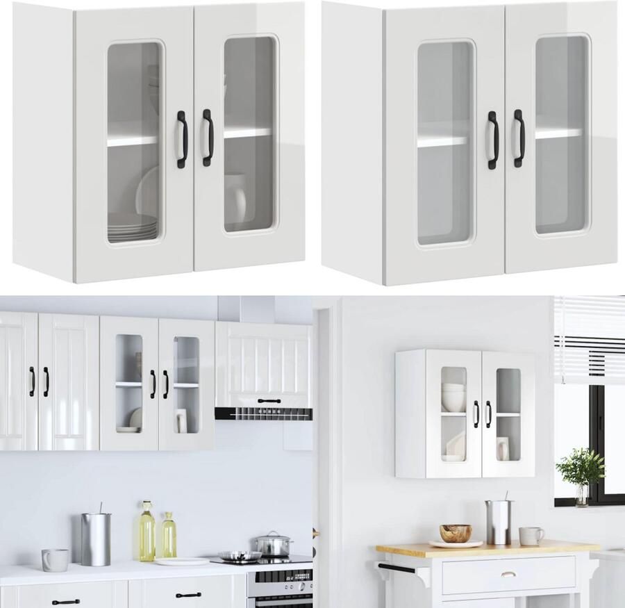 VidaXL Keukenwandkast met glazen deur Kalmar bewerkt hout hoogglanswit keuken Wandkast Keuken Wandkasten -keuken Wandmeubel Gemonteerde Wandkast