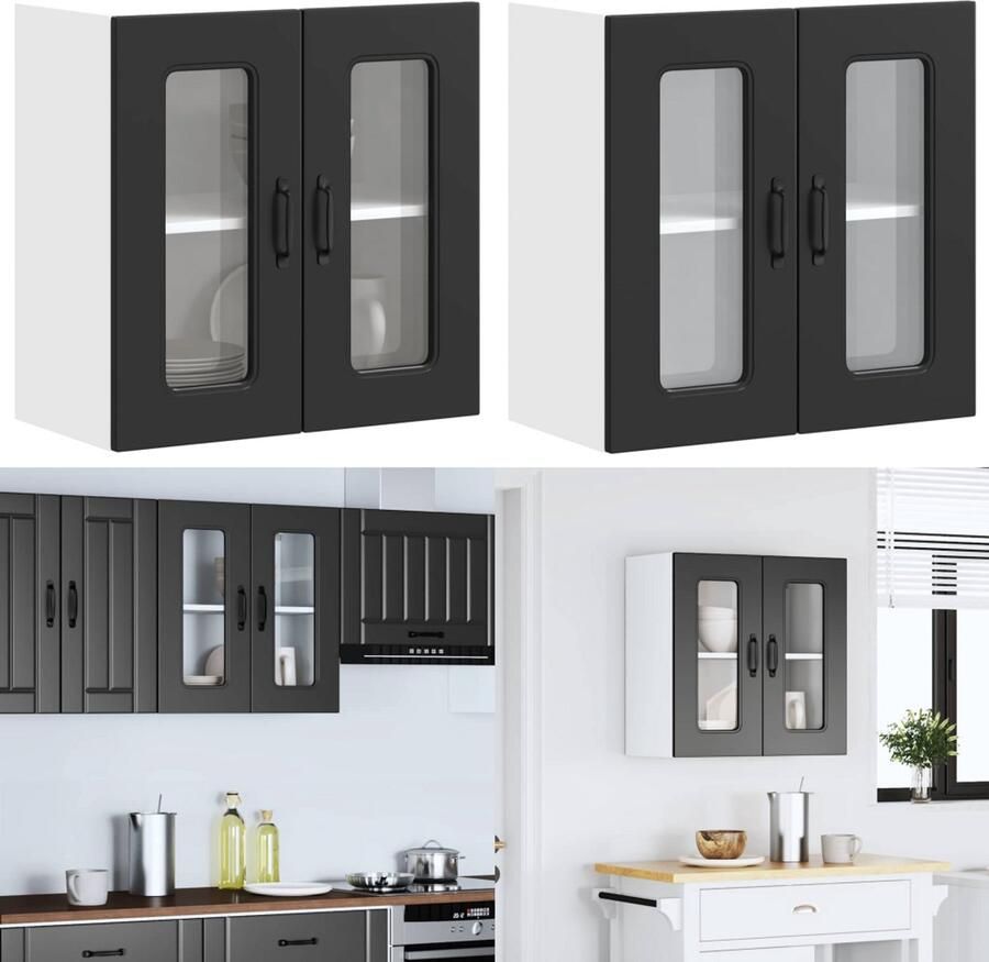 VidaXL Keukenwandkast met glazen deur Kalmar bewerkt hout zwart keuken Wandkast Keuken Wandkasten -keuken Wandmeubel Gemonteerde Wandkast