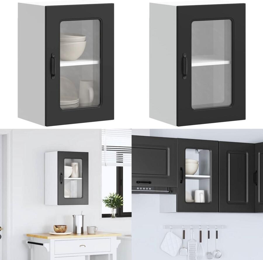 VidaXL Keukenwandkast met glazen deur Kalmar bewerkt hout zwart keuken Wandkast Keuken Wandkasten Keuken Wandmeubel Gemonteerde Wandkast