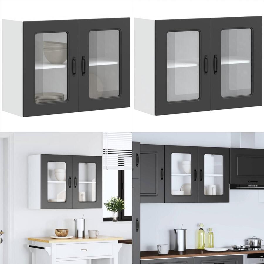 VidaXL Keukenwandkast met glazen deur Kalmar bewerkt hout zwart keuken Wandkast Keuken Wandkasten -keuken Wandmeubel Gemonteerde Wandkast