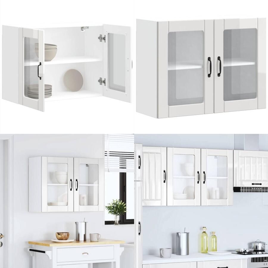 VidaXL Keukenwandkast met glazen deur Lucca bewerkt hout hoogglanswit Keuken Wandkast Keuken Wandkasten Keuken Wandmeubel Gemonteerde Wandkast - Foto 2