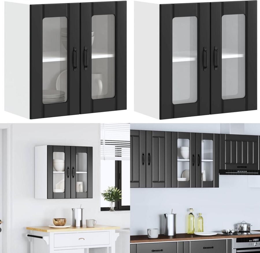 VidaXL Keukenwandkast met glazen deur Lucca bewerkt hout zwart Keuken Wandkast Keuken Wandkasten Keuken Wandmeubel Gemonteerde Wandkast