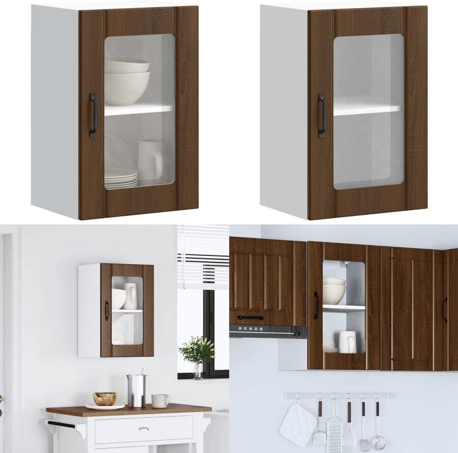 VidaXL Keukenwandkast met glazen deur Lucca bruin eikenkleur Keuken Wandkast Keuken Wandkasten Keuken Wandmeubel Gemonteerde Wandkast