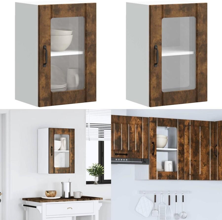 VidaXL Keukenwandkast met glazen deur Lucca gerookt eikenkleurig Keuken Wandkast Keuken Wandkasten Keuken Wandmeubel Gemonteerde Wandkast