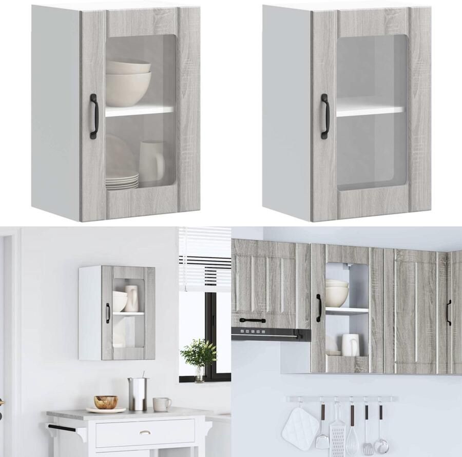 VidaXL Keukenwandkast met glazen deur Lucca grijs sonoma eikenkleur Keuken Wandkast Keuken Wandkasten Keuken Wandmeubel Gemonteerde Wandkast