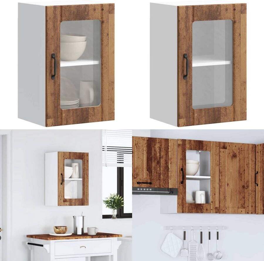 VidaXL Keukenwandkast met glazen deur Lucca oud houtkleurig Keuken Wandkast Keuken Wandkasten Keuken Wandmeubel Gemonteerde Wandkast