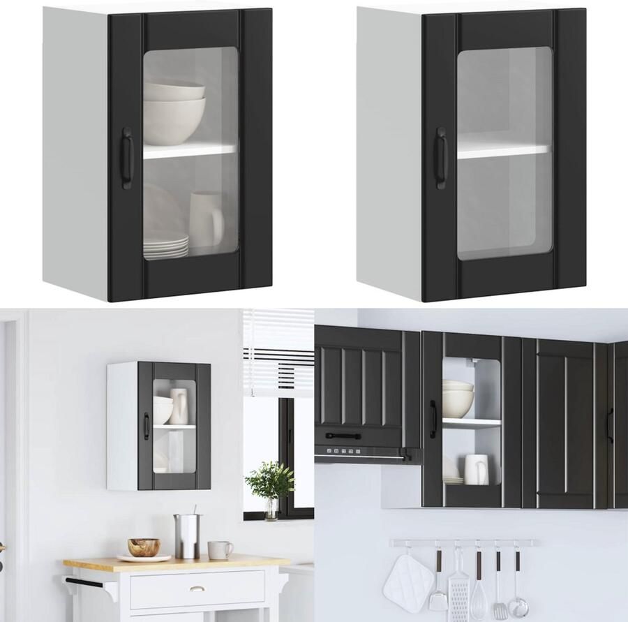 VidaXL Keukenwandkast met glazen deur Lucca zwart Keuken Wandkast Keuken Wandkasten Keuken Wandmeubel Gemonteerde Wandkast