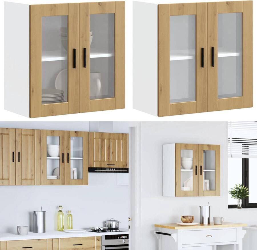 VidaXL Keukenwandkast met glazen deur Porto artisanaal eikenkleur Keuken Wandkast Keuken Wandkasten -keuken Wandmeubel Gemonteerde Wandkast