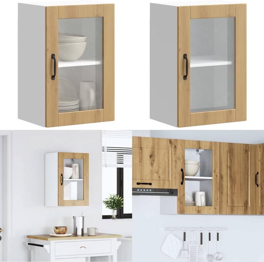 VidaXL Keukenwandkast met glazen deur Porto artisanaal eikenkleur Keuken Wandkast Keuken Wandkasten Keuken Wandmeubel Gemonteerde Wandkast
