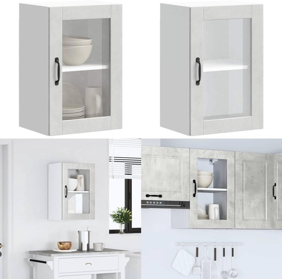 VidaXL Keukenwandkast met glazen deur Porto betongrijs Keuken Wandkast Keuken Wandkasten Keuken Wandmeubel Gemonteerde Wandkast