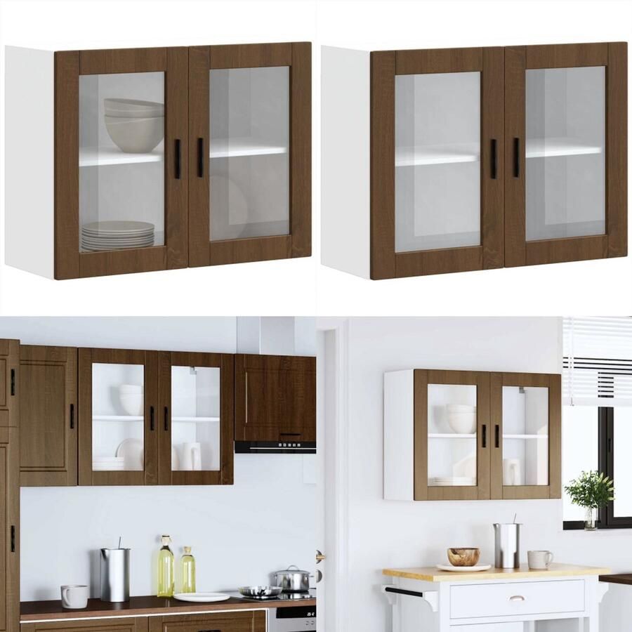 VidaXL Keukenwandkast met glazen deur Porto bruin eikenkleur Keuken Wandkast Keuken Wandkasten -keuken Wandmeubel Gemonteerde Wandkast