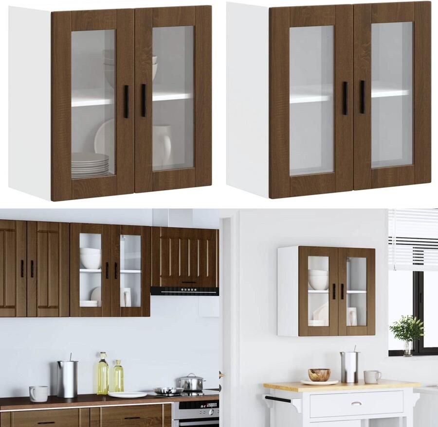 VidaXL Keukenwandkast met glazen deur Porto bruin eikenkleur Keuken Wandkast Keuken Wandkasten -keuken Wandmeubel Gemonteerde Wandkast