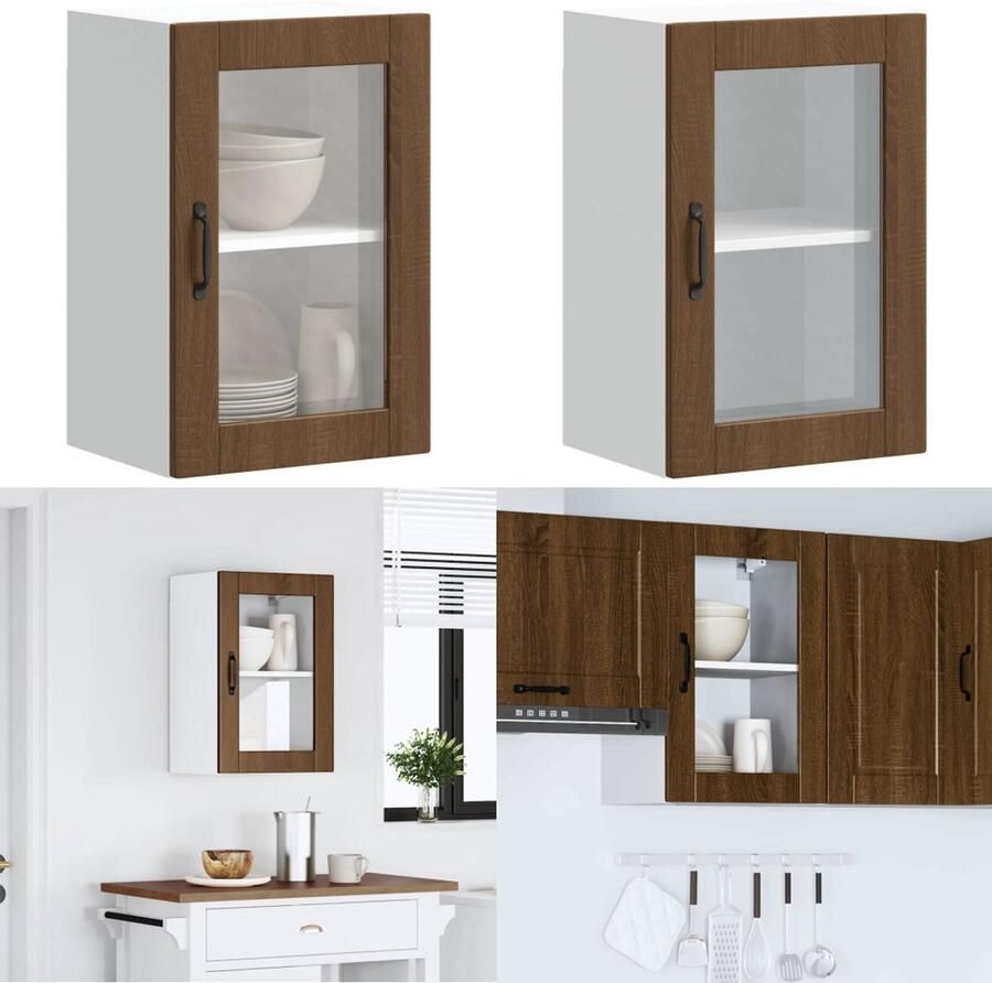 VidaXL Keukenwandkast met glazen deur Porto bruin eikenkleur Keuken Wandkast Keuken Wandkasten Keuken Wandmeubel Gemonteerde Wandkast