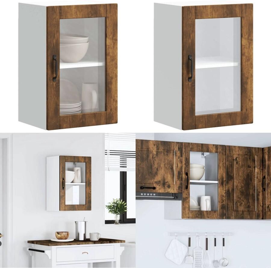 VidaXL Keukenwandkast met glazen deur Porto gerookt eikenkleurig Keuken Wandkast Keuken Wandkasten Keuken Wandmeubel Gemonteerde Wandkast