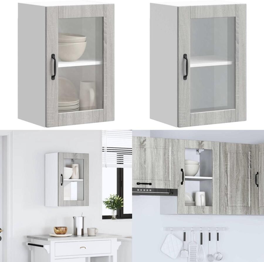 VidaXL Keukenwandkast met glazen deur Porto grijs sonoma eiken Keuken Wandkast Keuken Wandkasten Keuken Wandmeubel Gemonteerde Wandkast