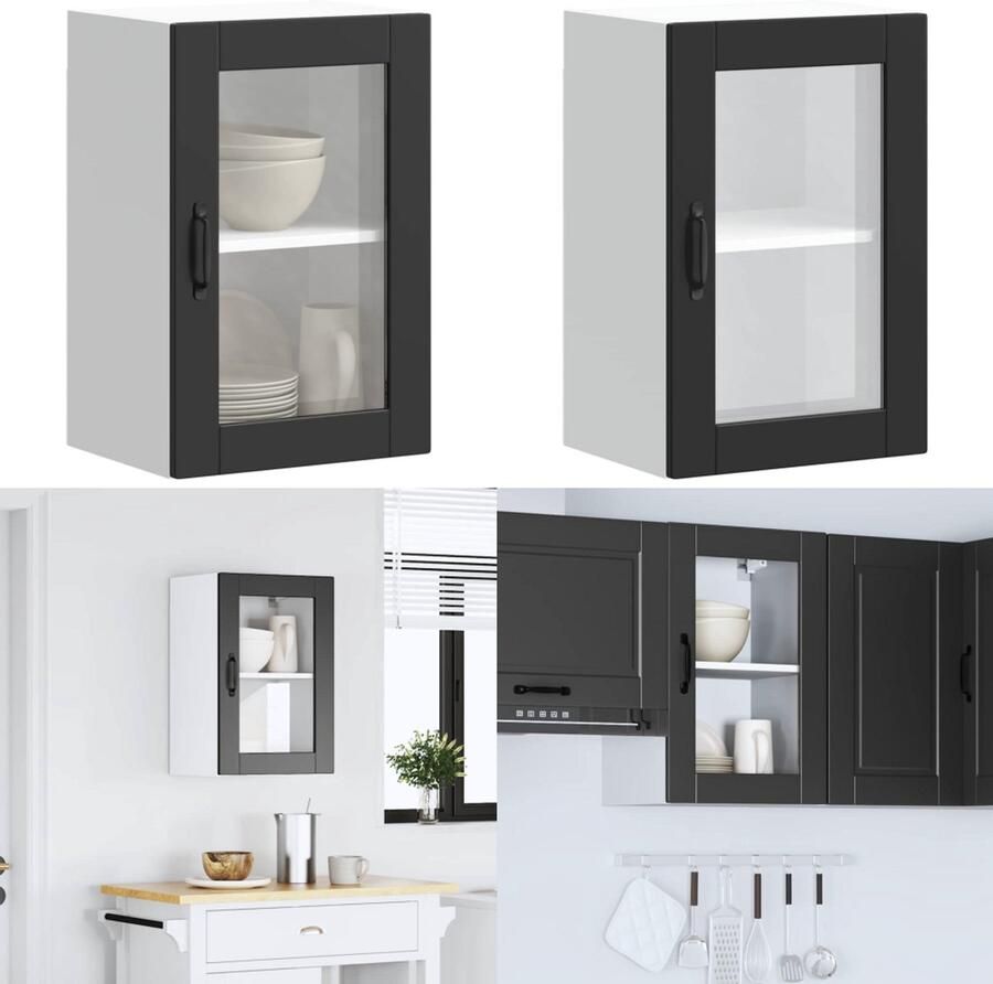 VidaXL Keukenwandkast met glazen deur Porto zwart Keuken Wandkast Keuken Wandkasten Keuken Wandmeubel Gemonteerde Wandkast