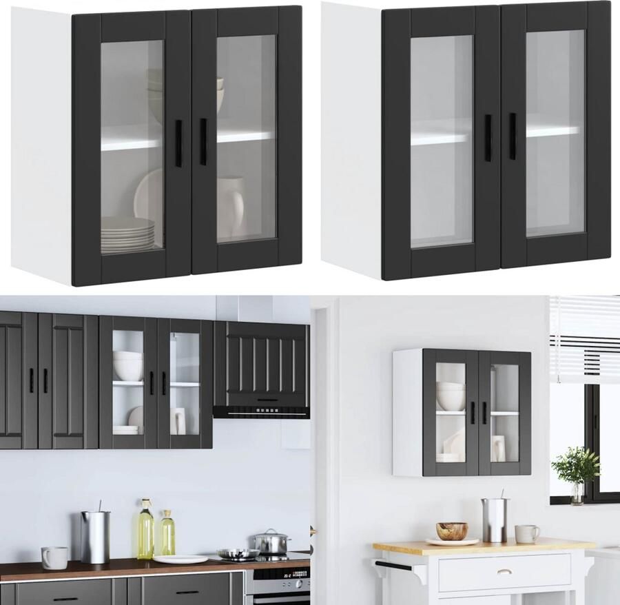 VidaXL Keukenwandkast met glazen deur Porto zwart Keuken Wandkast Keuken Wandkasten -keuken Wandmeubel Gemonteerde Wandkast