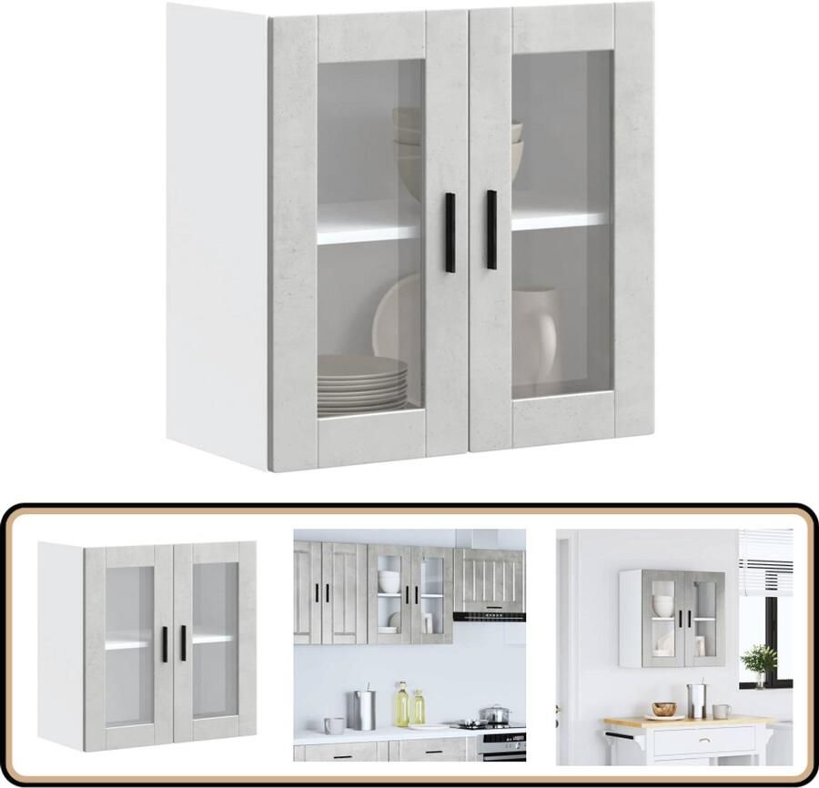 VidaXL Keukenwandkast Porto Betongrijs Glazen Deur Keuken Kast Wandkast Opslagoplossing Keukeninrichting Houten Kast