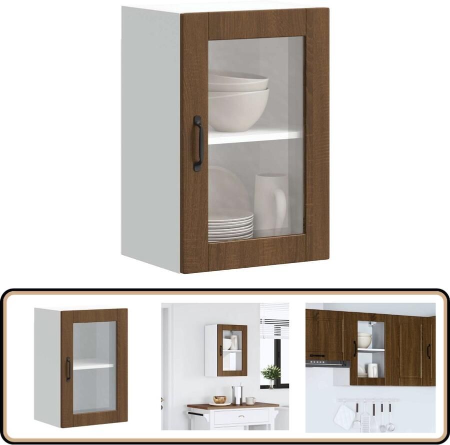 VidaXL Keukenwandkast Porto Bruin Eiken Glazen Deur Keuken Kast Wandkast Opslagruimte Houten Kast Keuken Organisatie