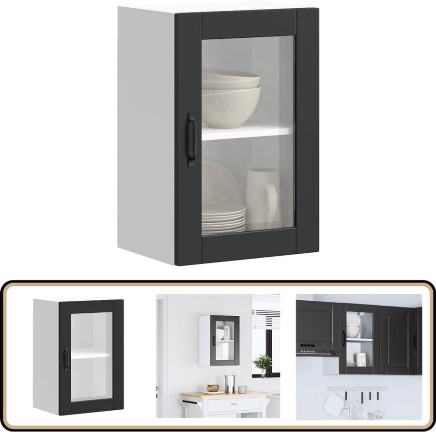 VidaXL Keukenwandkast Porto Zwart Glazen Deur Keukenkast Wandkast Zwarte Keuken Opslagoplossing Keukeninrichting
