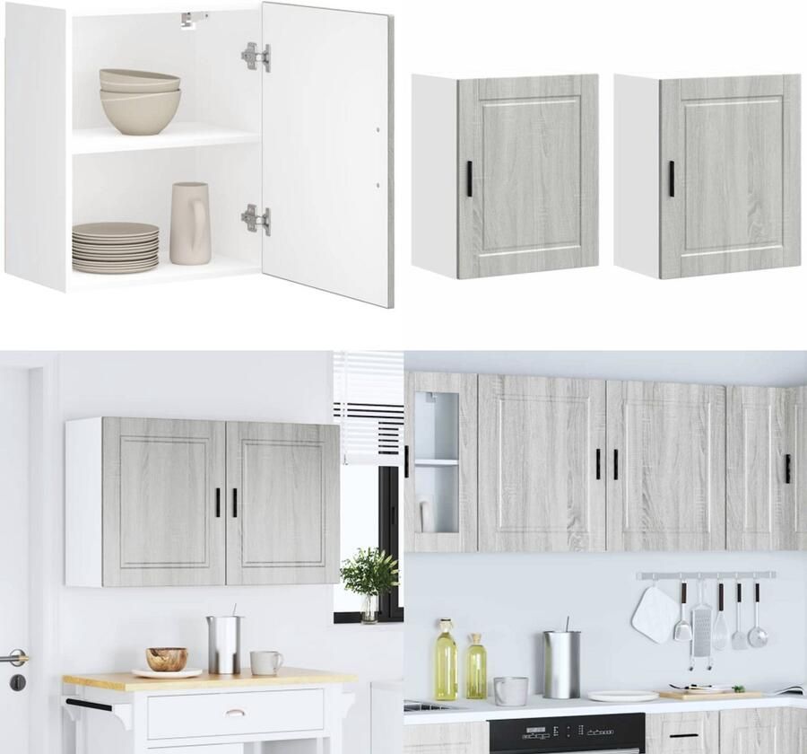 VidaXL Keukenwandkasten 2 st Porto bewerkt hout grijs sonoma eiken Keuken Wandkast Keuken Wandkasten Keuken Wandmeubel Gemonteerde Wandkast