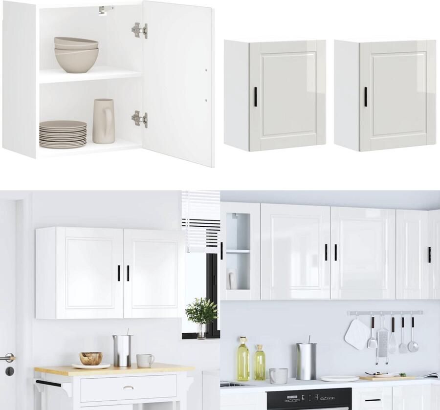 VidaXL Keukenwandkasten 2 st Porto bewerkt hout hoogglans wit Keuken Wandkast Keuken Wandkasten Keuken Wandmeubel Gemonteerde Wandkast